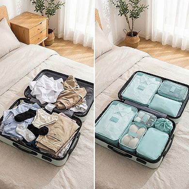 Travel Packing Organizer Set with Mesh Cubes Drawstring Bag Zipper Pouch Lightweight Storage Set