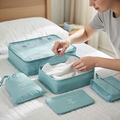 Travel Packing Organizer Set with Mesh Cubes Drawstring Bag Zipper Pouch Lightweight Storage Set