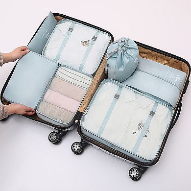 Travel Packing Organizer Set with Mesh Cubes Drawstring Bag Zipper Pouch Lightweight Storage Set