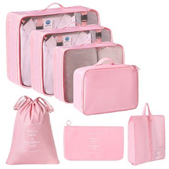 Travel Packing Organizer Set with Mesh Cubes Drawstring Bag Zipper Pouch Lightweight Storage Set