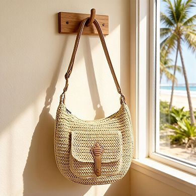 Woven Crochet Hobo Bag with Flap Pocket Leather Strap Slouchy Shoulder Handbag Lightweight Knit