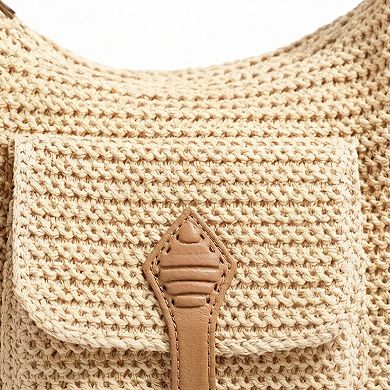 Woven Crochet Hobo Bag with Flap Pocket Leather Strap Slouchy Shoulder Handbag Lightweight Knit