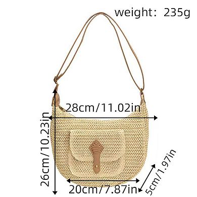 Woven Crochet Hobo Bag with Flap Pocket Leather Strap Slouchy Shoulder Handbag Lightweight Knit