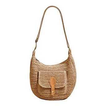Woven Crochet Hobo Bag with Flap Pocket Leather Strap Slouchy Shoulder Handbag Lightweight Knit