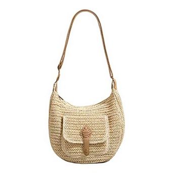 Woven Crochet Hobo Bag with Flap Pocket Leather Strap Slouchy Shoulder Handbag Lightweight Knit