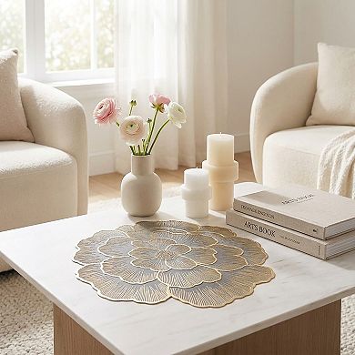 4 Pack Floral Round PVC Placemats Gold Trim Washable Heat Resistant Table Mats