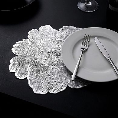 4-Pack Floral Round PVC Placemats Metallic Textured Heat Resistant Table Mats
