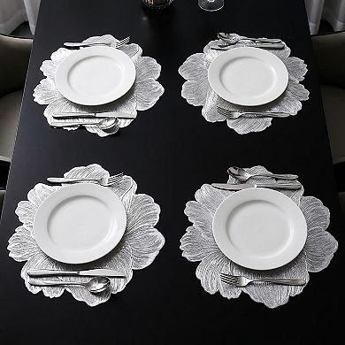 4-Pack Floral Round PVC Placemats Metallic Textured Heat Resistant Table Mats