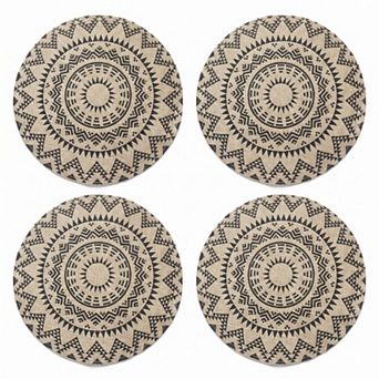 4 pc Boho Round Placemat Set Woven Look Heat Resistant Table Mats for Dining Table