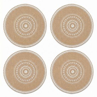 4 pc Boho Round Placemat Set Woven Look Heat Resistant Table Mats for Dining Table