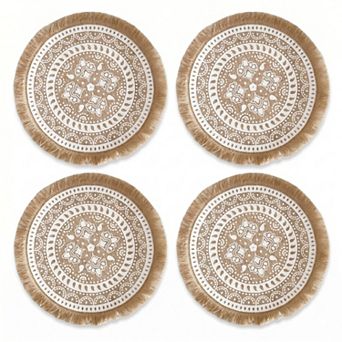 4 pc Boho Round Placemat Set Woven Look Heat Resistant Table Mats for Dining Table