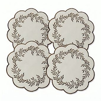 4 pc Embroidered Floral Placemat Set Scalloped Edge Linen Look Table Mats for Dining Table
