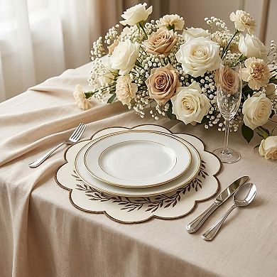 4 Piece Embroidered Floral Placemat Set Scalloped Edge Linen Look Table Mats for Dining Table