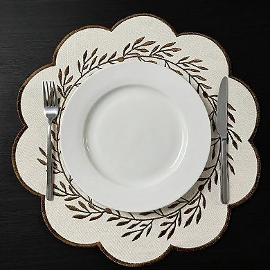 4 Piece Embroidered Floral Placemat Set Scalloped Edge Linen Look Table Mats for Dining Table