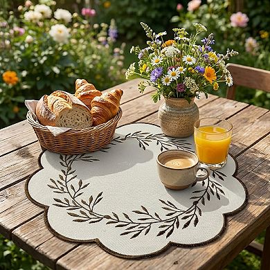 4 Piece Embroidered Floral Placemat Set Scalloped Edge Linen Look Table Mats for Dining Table