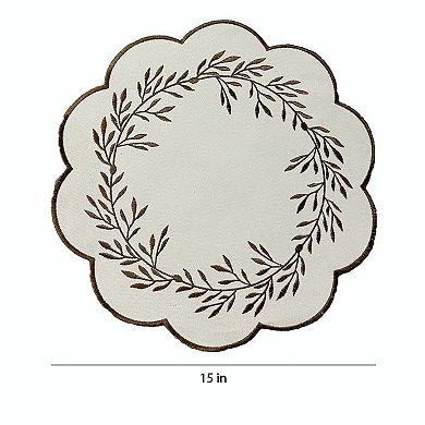 4 Piece Embroidered Floral Placemat Set Scalloped Edge Linen Look Table Mats for Dining Table