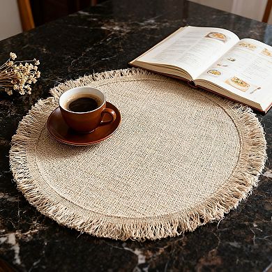 4 Pack Round Woven Fringe Placemats Farmhouse Heat Resistant Table Mats for Dining Table Decor