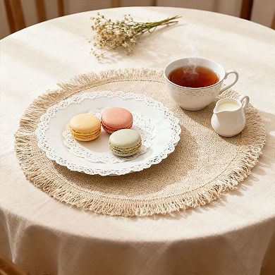 4 Pack Round Woven Fringe Placemats Farmhouse Heat Resistant Table Mats for Dining Table Decor