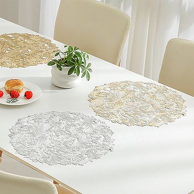 4 Piece Round Lace Placemat Set Metallic PVC Decorative Heat Resistant Table Mats