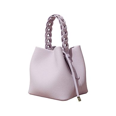 Women's Leather Drawstring Bucket Handbag with Braided Top Handle and Adjustable Crossbody Strap