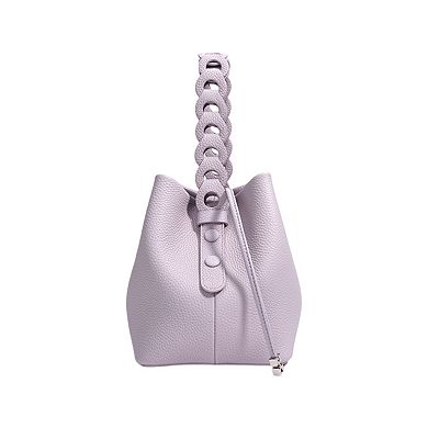 Women's Leather Drawstring Bucket Handbag with Braided Top Handle and Adjustable Crossbody Strap