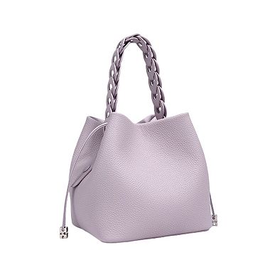 Women's Leather Drawstring Bucket Handbag with Braided Top Handle and Adjustable Crossbody Strap