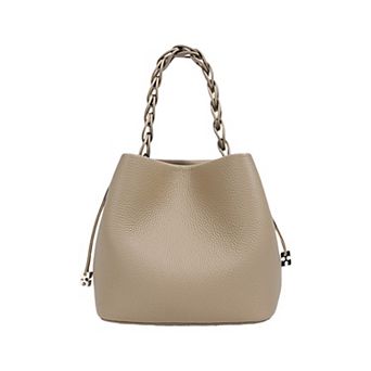 Women's Leather Drawstring Bucket Handbag with Braided Top Handle and Adjustable Crossbody Strap