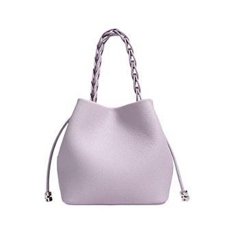 Women's Leather Drawstring Bucket Handbag with Braided Top Handle and Adjustable Crossbody Strap