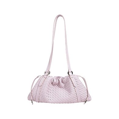 Women's Woven Leather Shoulder Satchel with Ruched Top Detail Long Straps and Slouchy Shape