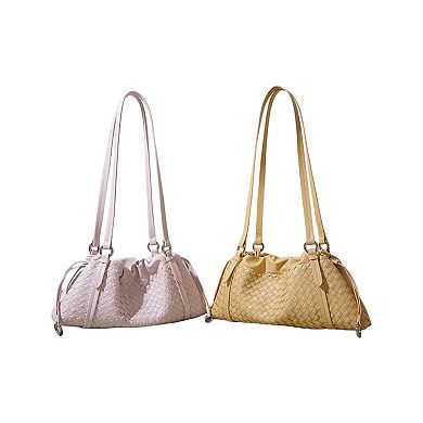 Women's Woven Leather Shoulder Satchel with Ruched Top Detail Long Straps and Slouchy Shape