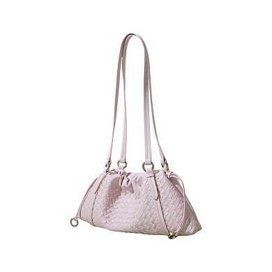 Women's Woven Leather Shoulder Satchel with Ruched Top Detail Long Straps and Slouchy Shape