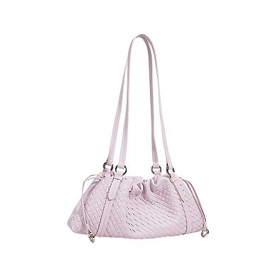 Women's Woven Leather Shoulder Satchel with Ruched Top Detail Long Straps and Slouchy Shape