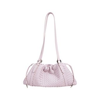 Women's Woven Leather Shoulder Satchel with Ruched Top Detail Long Straps and Slouchy Shape