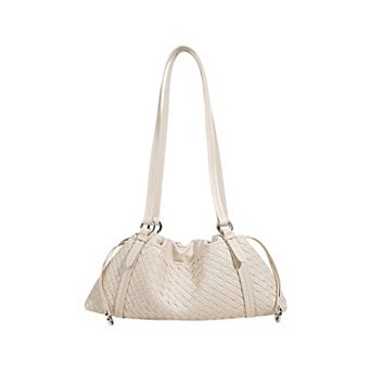 Women's Woven Leather Shoulder Satchel with Ruched Top Detail Long Straps and Slouchy Shape