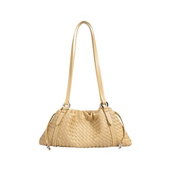 Women's Woven Leather Shoulder Satchel with Ruched Top Detail Long Straps and Slouchy Shape