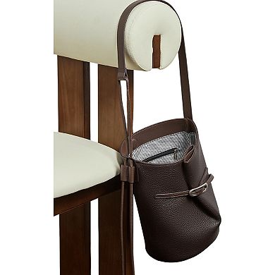 Women's Pebbled Leather Bucket Shoulder Tote with Adjustable Buckle Accent and Open Top Design