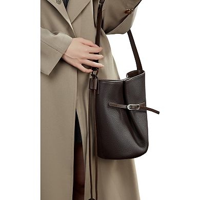 Women's Pebbled Leather Bucket Shoulder Tote with Adjustable Buckle Accent and Open Top Design