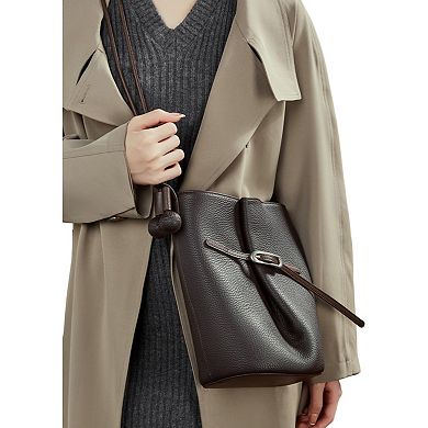 Women's Pebbled Leather Bucket Shoulder Tote with Adjustable Buckle Accent and Open Top Design