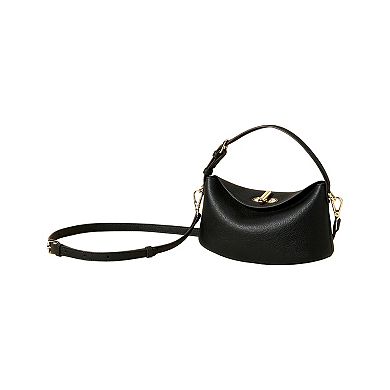 Women's Curved Leather Mini Bag with Convertible Crossbody Strap and Foldover Turn Lock Closure