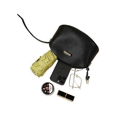 Women's Curved Leather Mini Bag with Convertible Crossbody Strap and Foldover Turn Lock Closure