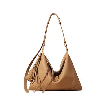 Women's Slouchy Leather Hobo Shoulder Bag with Adjustable Strap Tassel Accent and Zip Closure