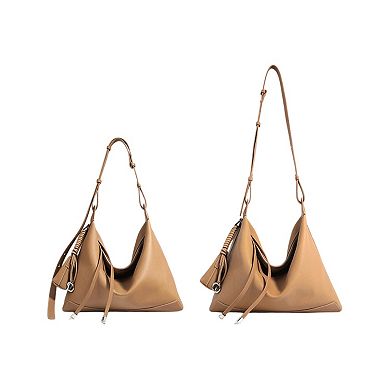 Women's Slouchy Leather Hobo Shoulder Bag with Adjustable Strap Tassel Accent and Zip Closure