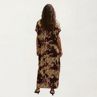 Women's Abstract Print Maxi Kaftan Dress with Contrast Trim and Relaxed Flowy Silhouette
