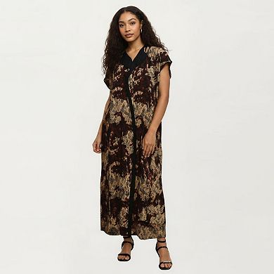 Women's Abstract Print Maxi Kaftan Dress with Contrast Trim and Relaxed Flowy Silhouette