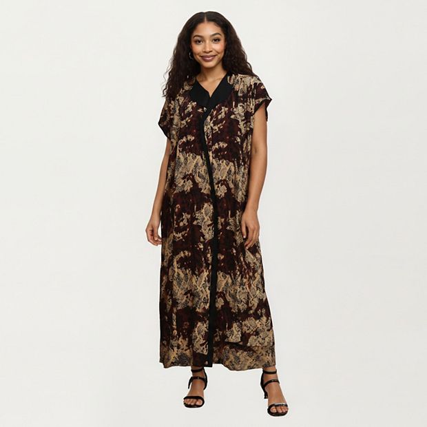 Women's Abstract Print Maxi Kaftan Dress with Contrast Trim and Relaxed  Flowy Silhouette