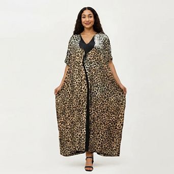 Women's Abstract Print Maxi Kaftan Dress with Contrast Trim and Relaxed Flowy Silhouette