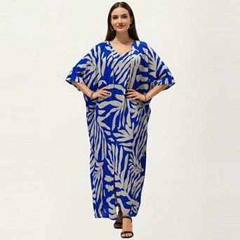 Women's Tropical Leaf Print Kaftan Maxi Dress with V-Neckline and Flowy Oversized Silhouette