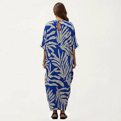 Women's Tropical Leaf Print Kaftan Maxi Dress with V-Neckline and Flowy Oversized Silhouette