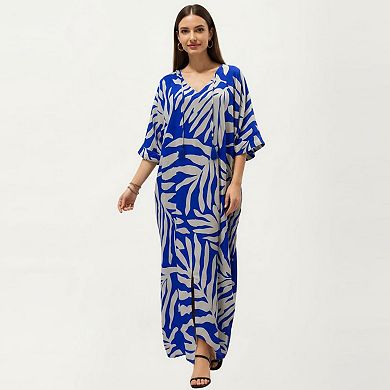Women's Tropical Leaf Print Kaftan Maxi Dress with V-Neckline and Flowy Oversized Silhouette