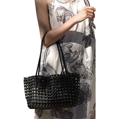 Women's Open Weave Leather Tote Bag with Braided Shoulder Straps and Interior Zip Compartment